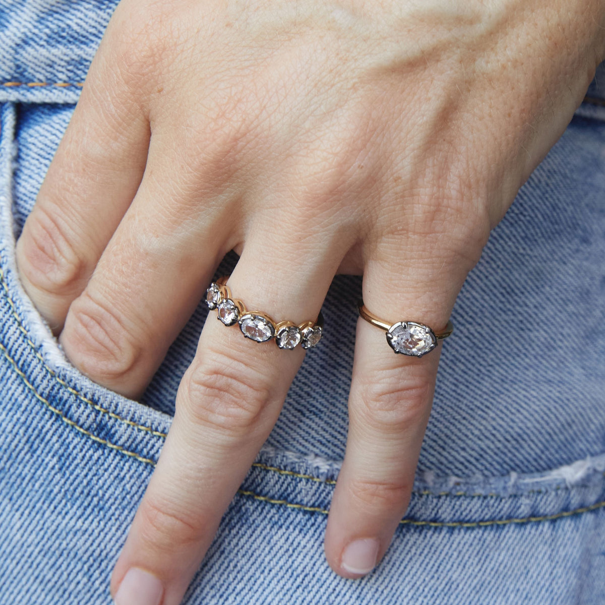 Model. Close up of a woman's hand on her jeans with two gemstone rings. 