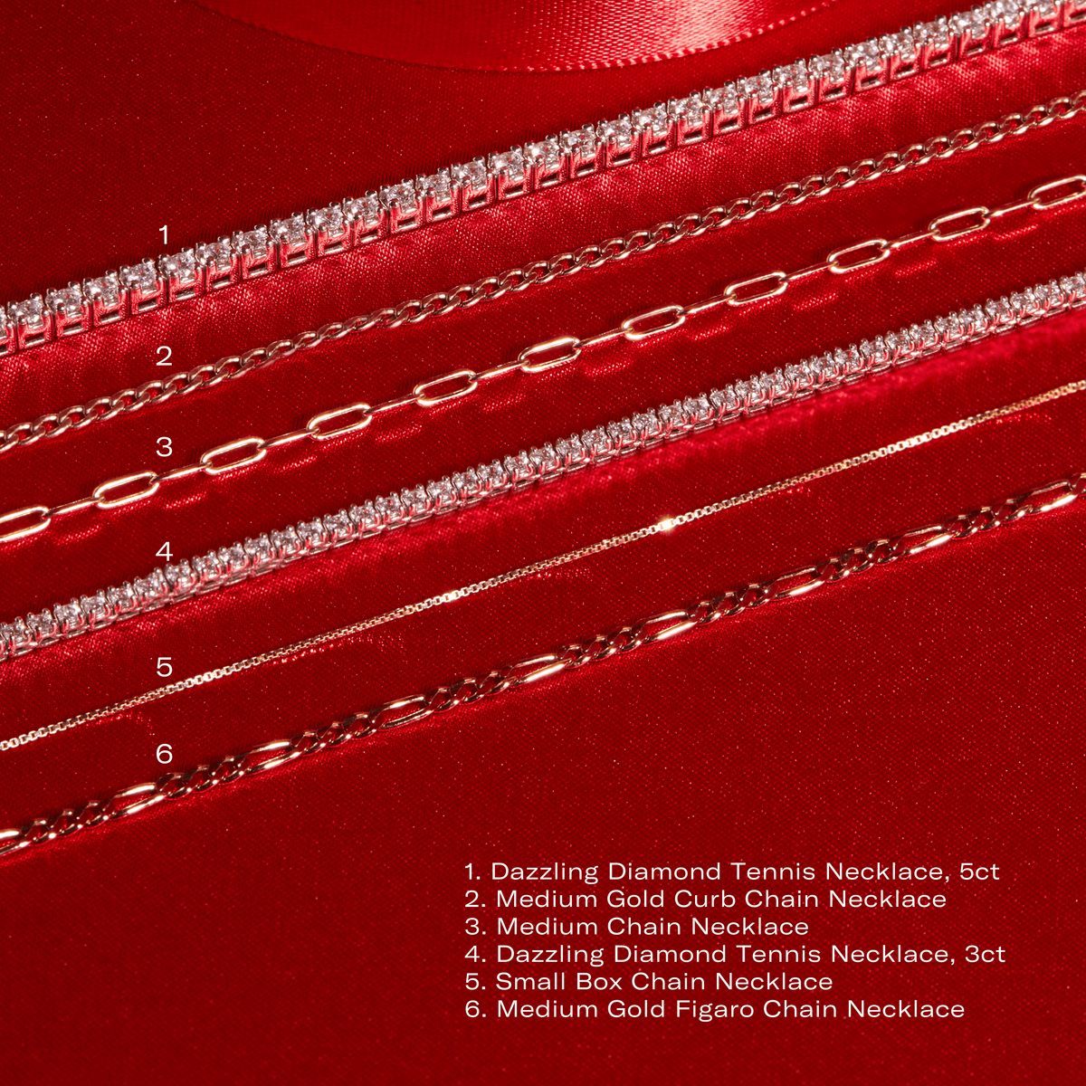 Model. Various necklaces laid out on a red background with a key referencing the name 