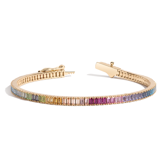 Ombré Rainbow Baguette Tennis Bracelet Vermeil Yellow Gold 6.5in 7in First