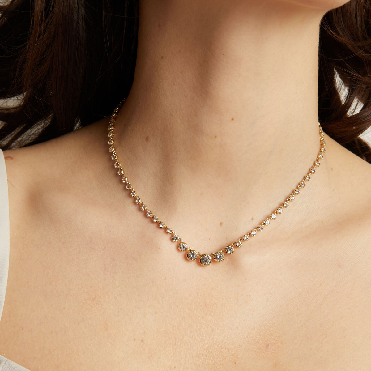 Model Necklace with small round beads on a person's neck