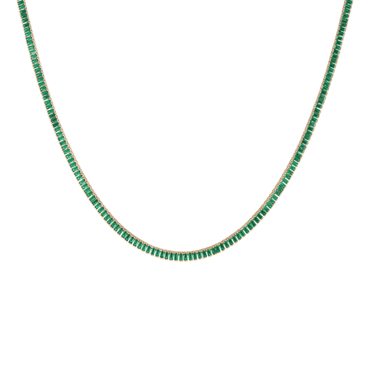 Lab Grown Green Emerald Baguette Tennis Necklace Vermeil Yellow Gold 16in First