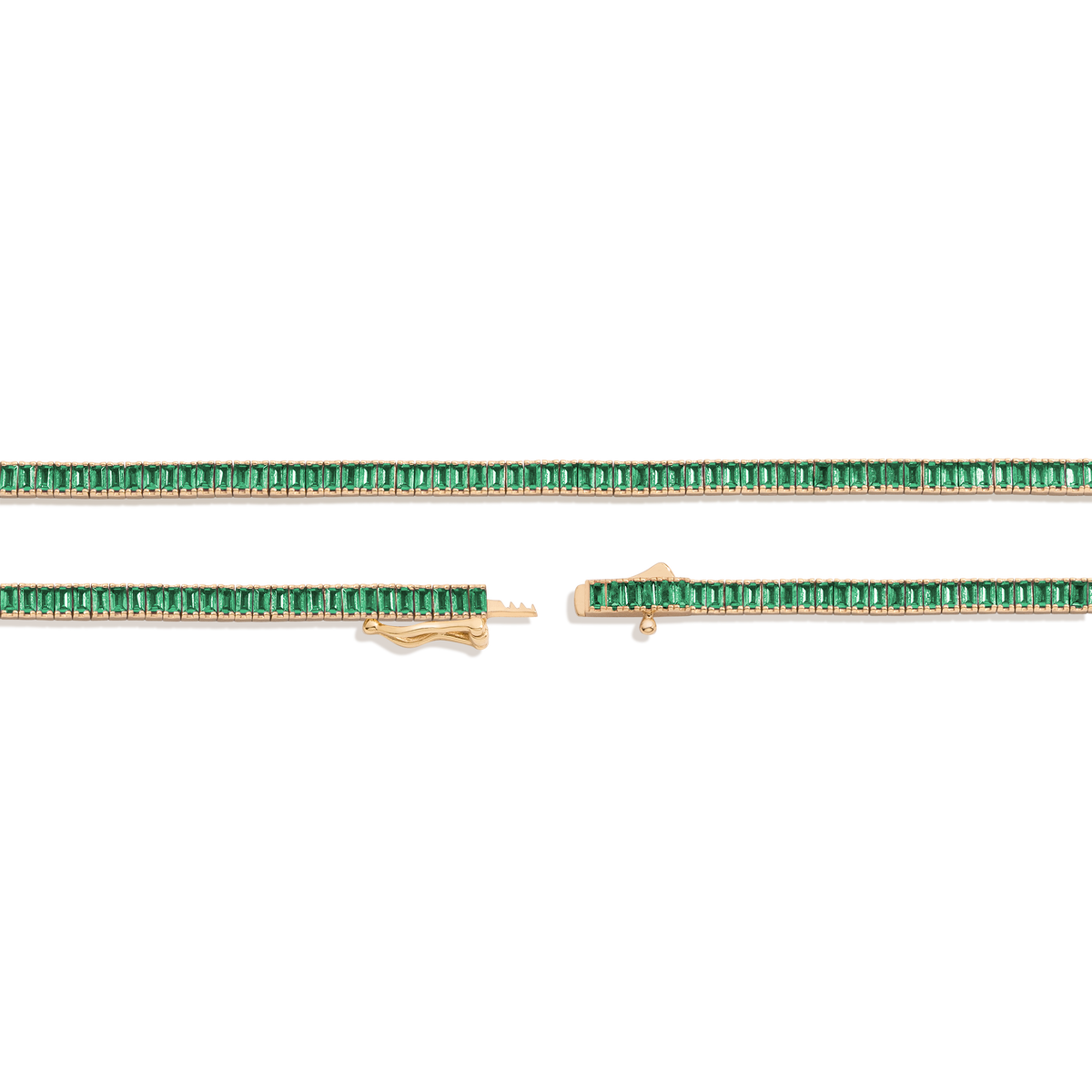 Lab Grown Green Emerald Baguette Tennis Necklace Vermeil Yellow Gold 16in