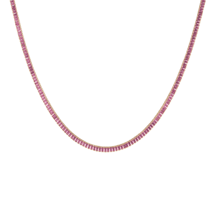 Lab Grown Pink Sapphire Baguette Tennis Necklace Vermeil Yellow Gold 16in First