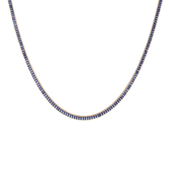 Lab Grown Blue Sapphire Baguette Tennis Necklace Vermeil Yellow Gold 16in First
