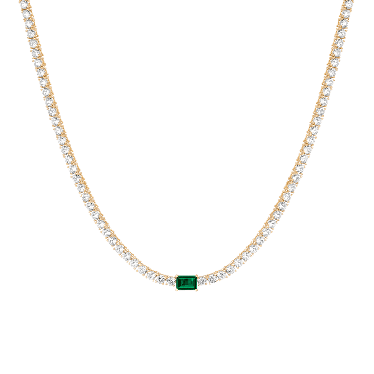 White Sapphire Tennis Necklace with Emerald Vermeil Yellow Gold First