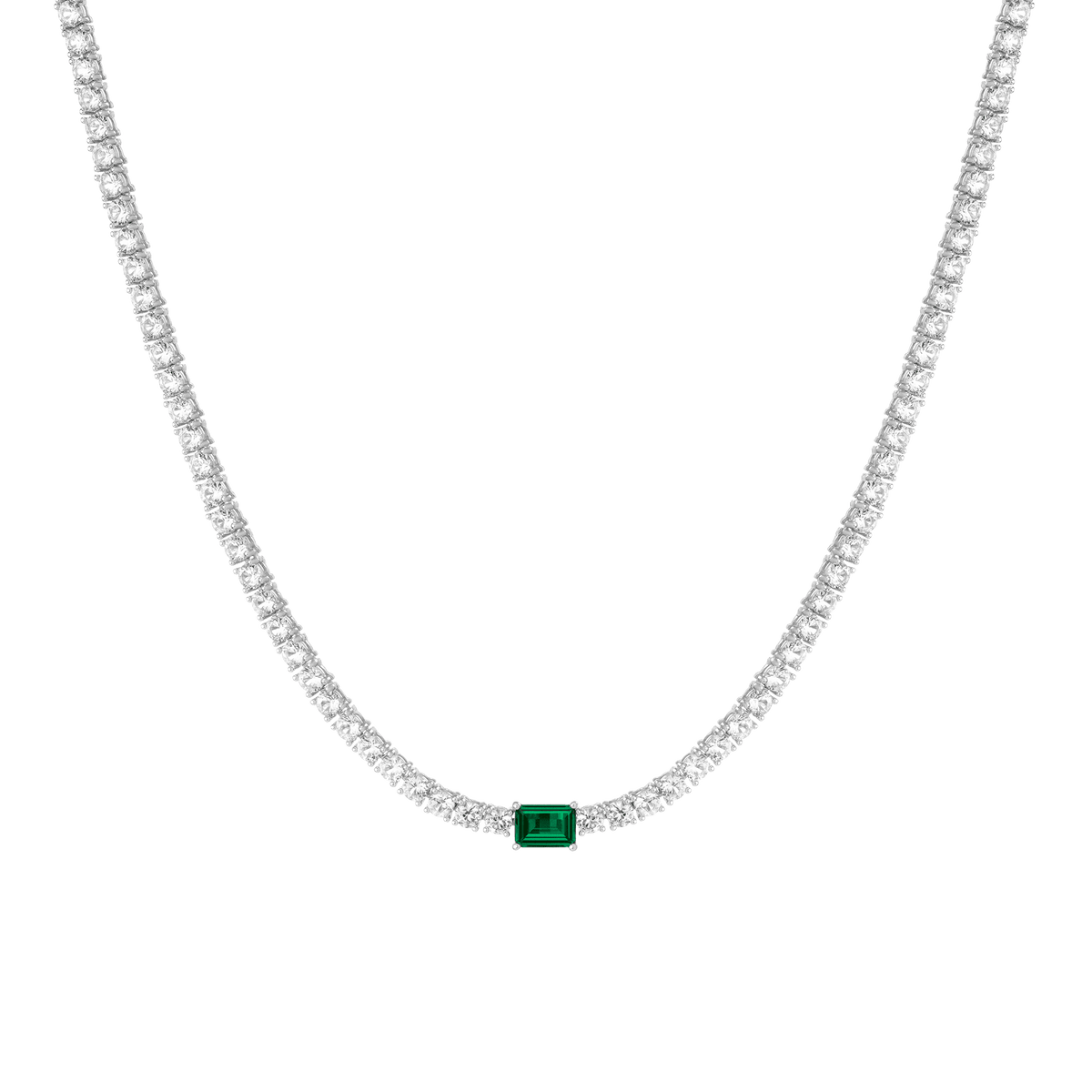 White Sapphire Tennis Necklace with Emerald Vermeil White Gold First