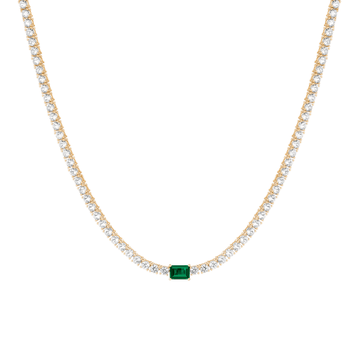White Sapphire Tennis Necklace with Emerald Vermeil Yellow Gold First