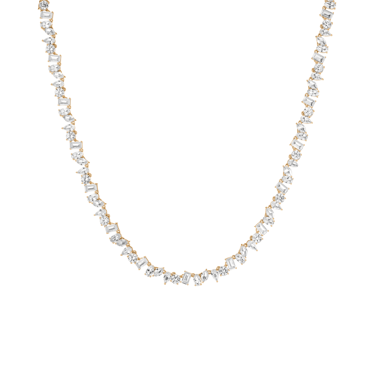 Lab Grown White Sapphire Mixed Shape Tennis Necklace Vermeil Yellow Gold 16in First