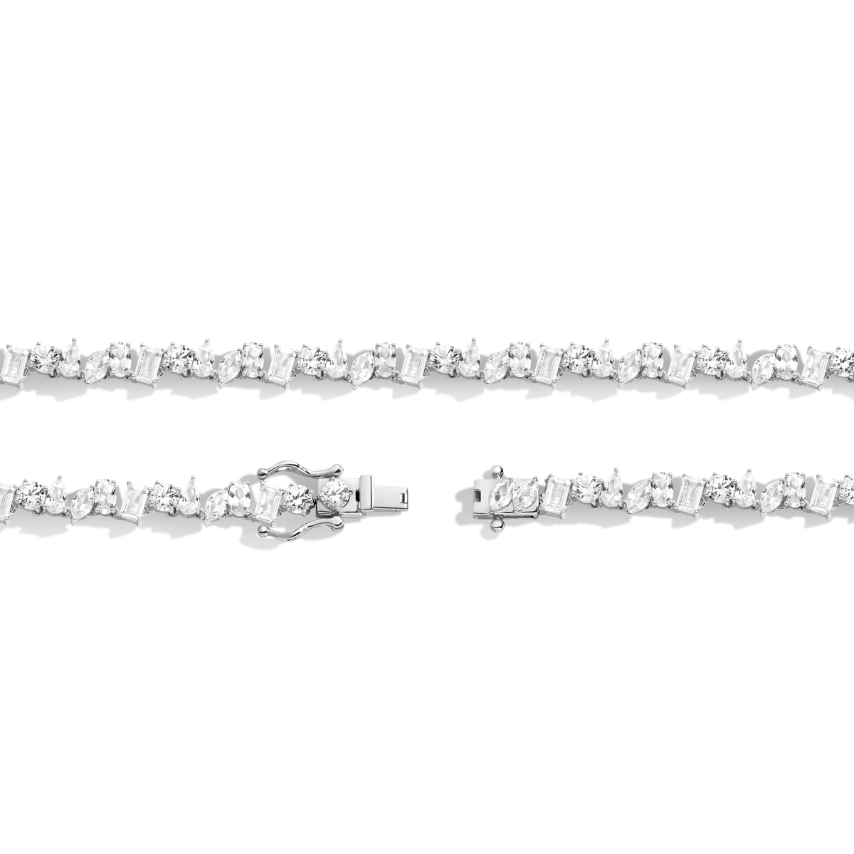 Lab Grown White Sapphire Mixed Shape Tennis Necklace Vermeil White Gold 16in