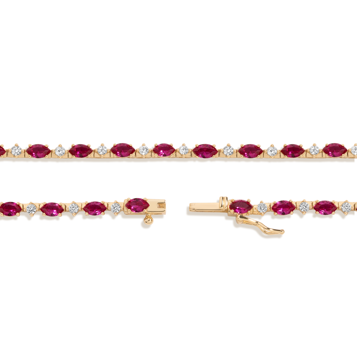 Marilyn Lab Grown Red Marquise Tennis Necklace Vermeil Yellow Gold 16in