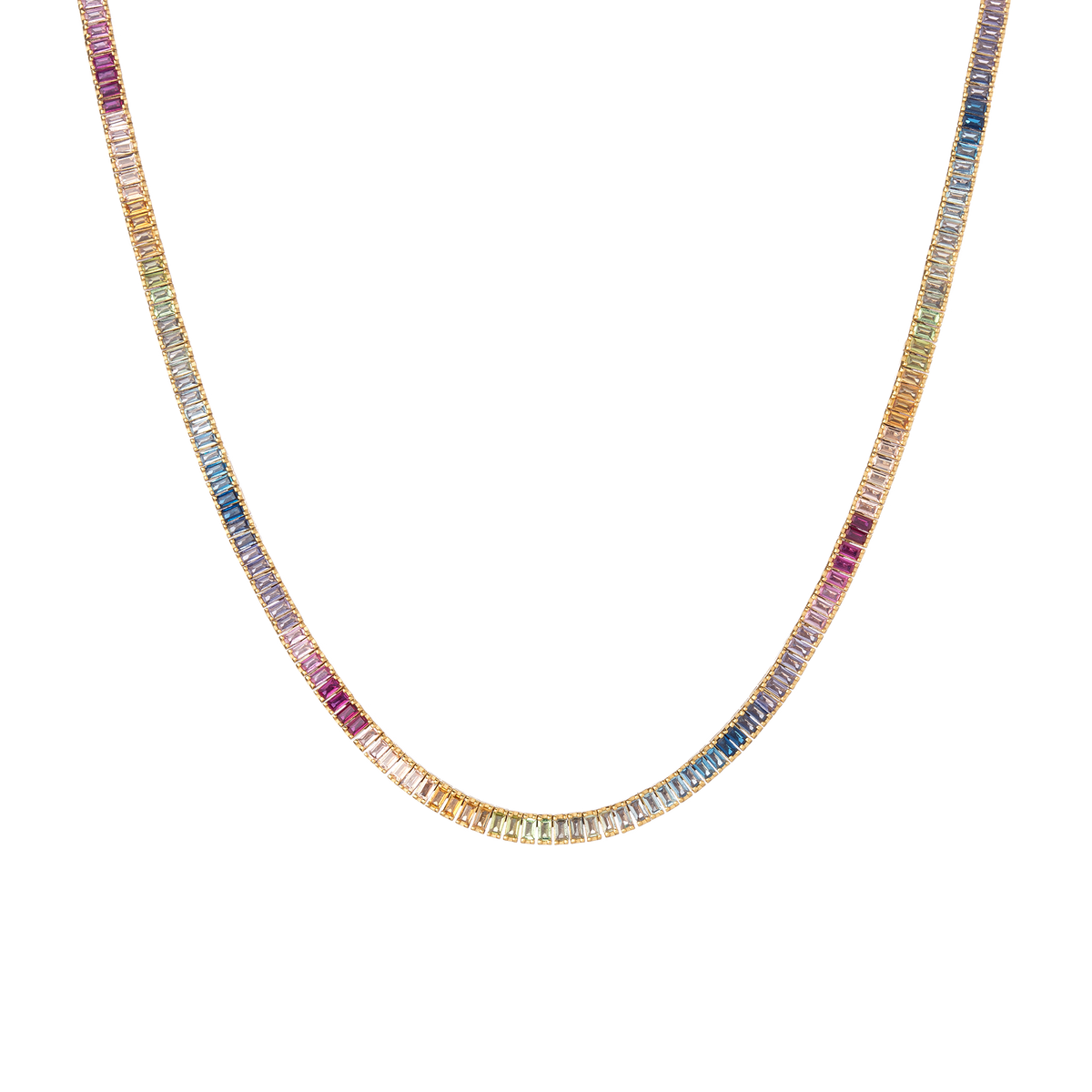 Ombré Rainbow Baguette Tennis Necklace Vermeil Yellow Gold 16in First