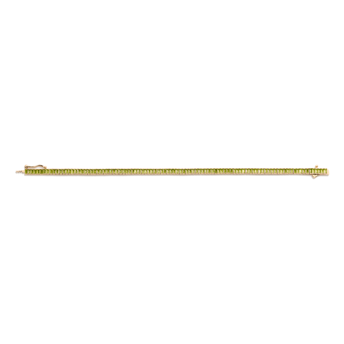 Lab Grown Green Peridot Baguette Tennis Bracelet Vermeil Yellow Gold 6.5in 7in