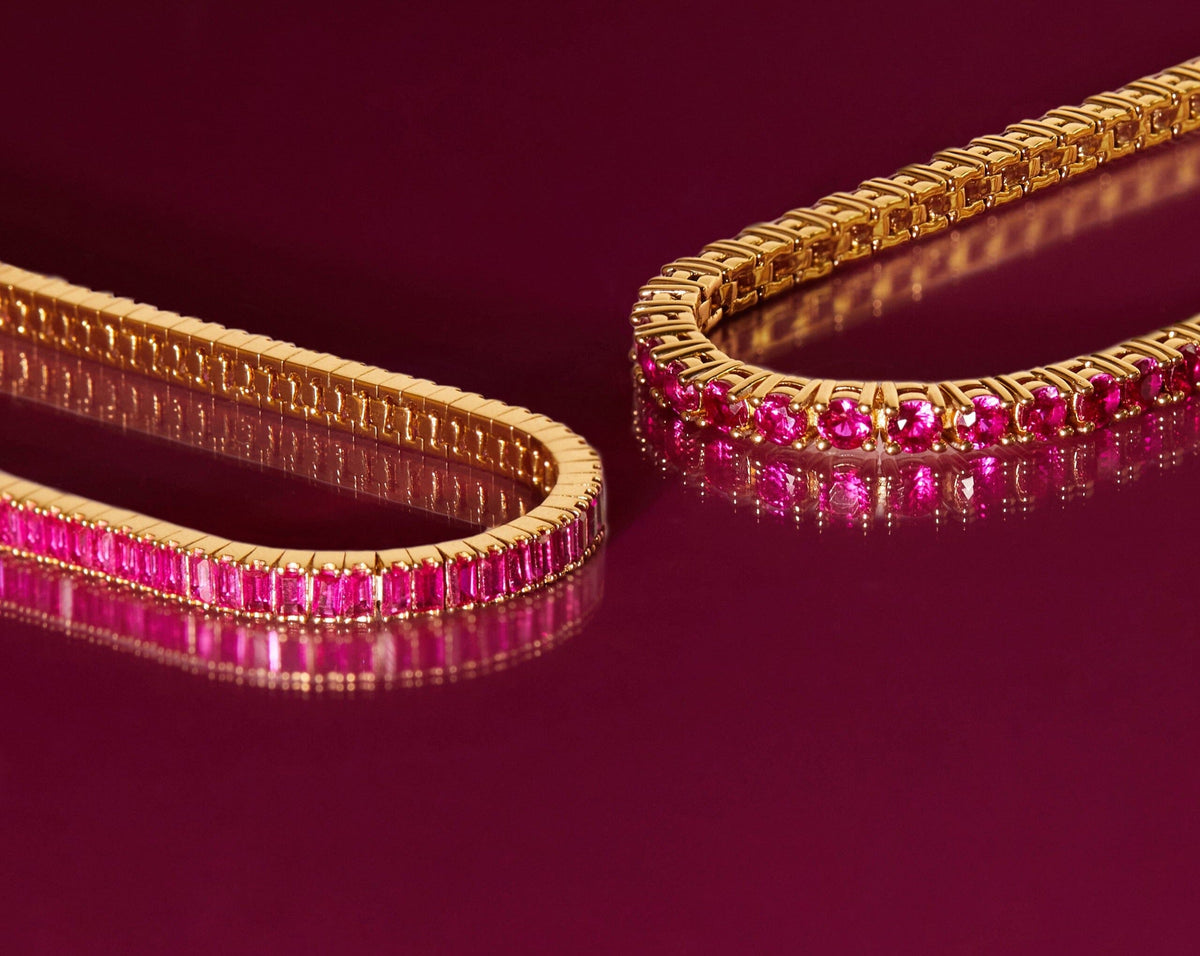 Flatlay Model close up of pink bracelets on a pink background 