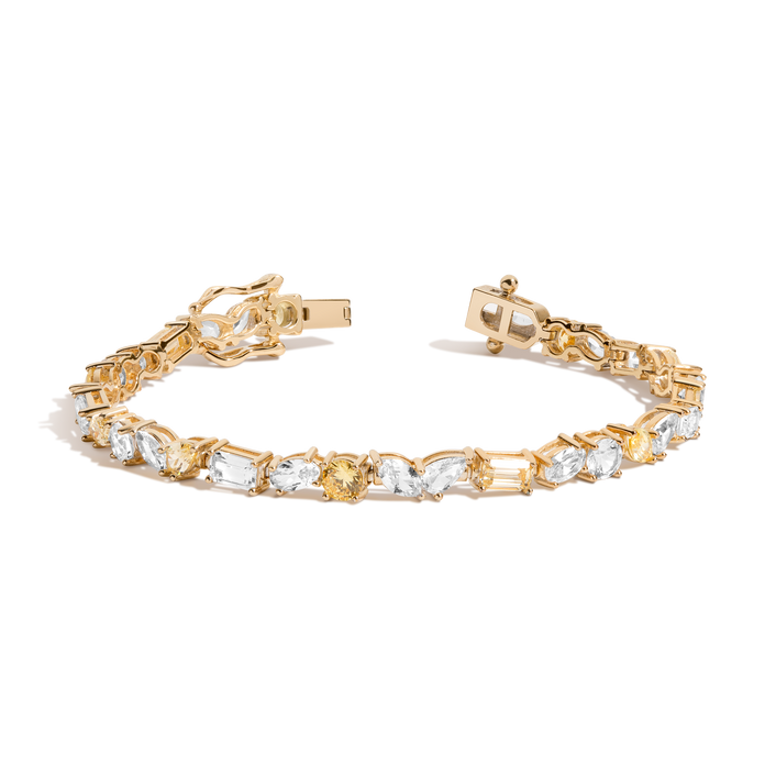 Lab Grown White Sapphire and Canary Mixed Shape Tennis Bracelet Vermeil Yellow Gold 6in 6.5in 7in 7.5in First
