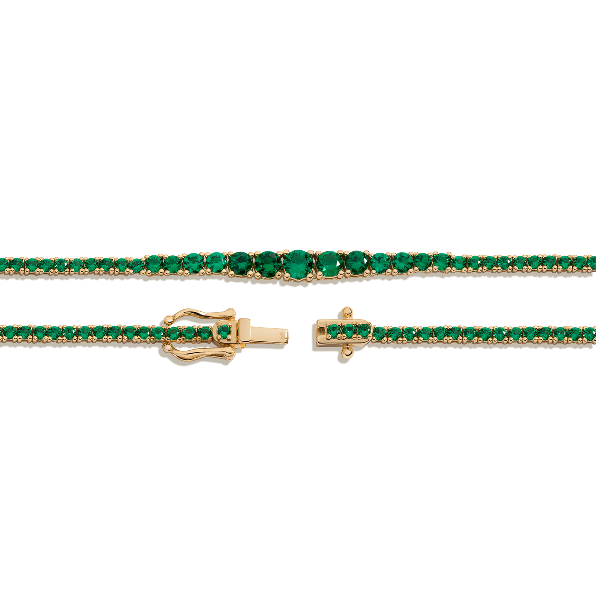 Lab Grown Emerald Green Modern Graduated Tennis Necklace Vermeil Yellow Gold 16in