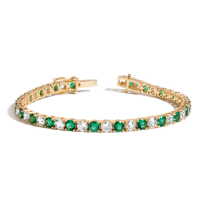 Lab Grown White Sapphire and Green Emerald Alternating Tennis Bracelet Vermeil Yellow Gold 6in 6.5in 7in 7.5in First