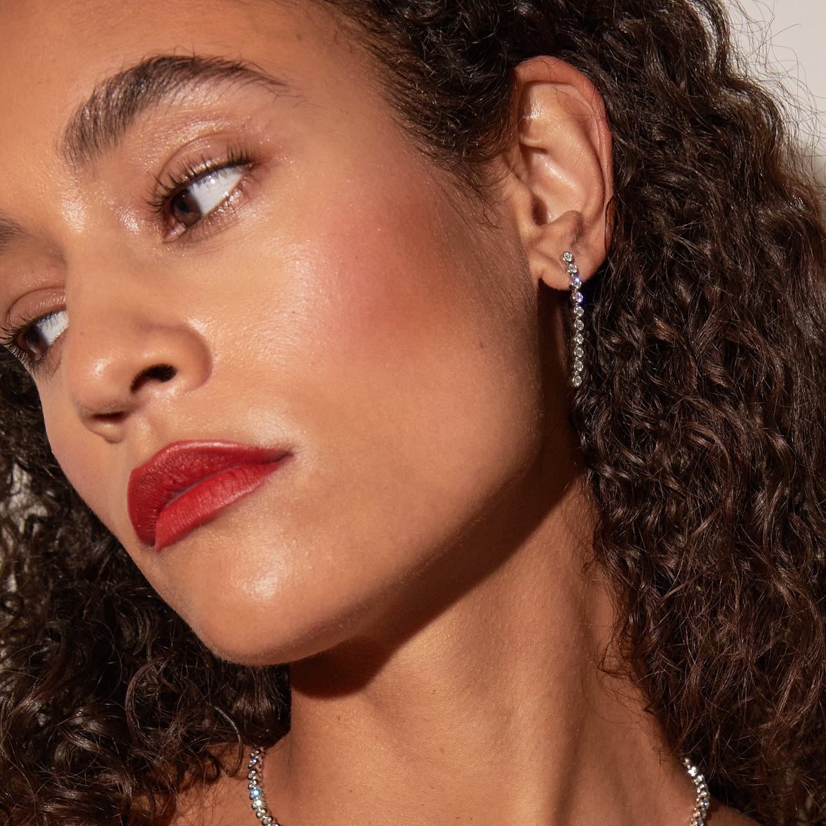 Model.  Woman wearing long earrings 