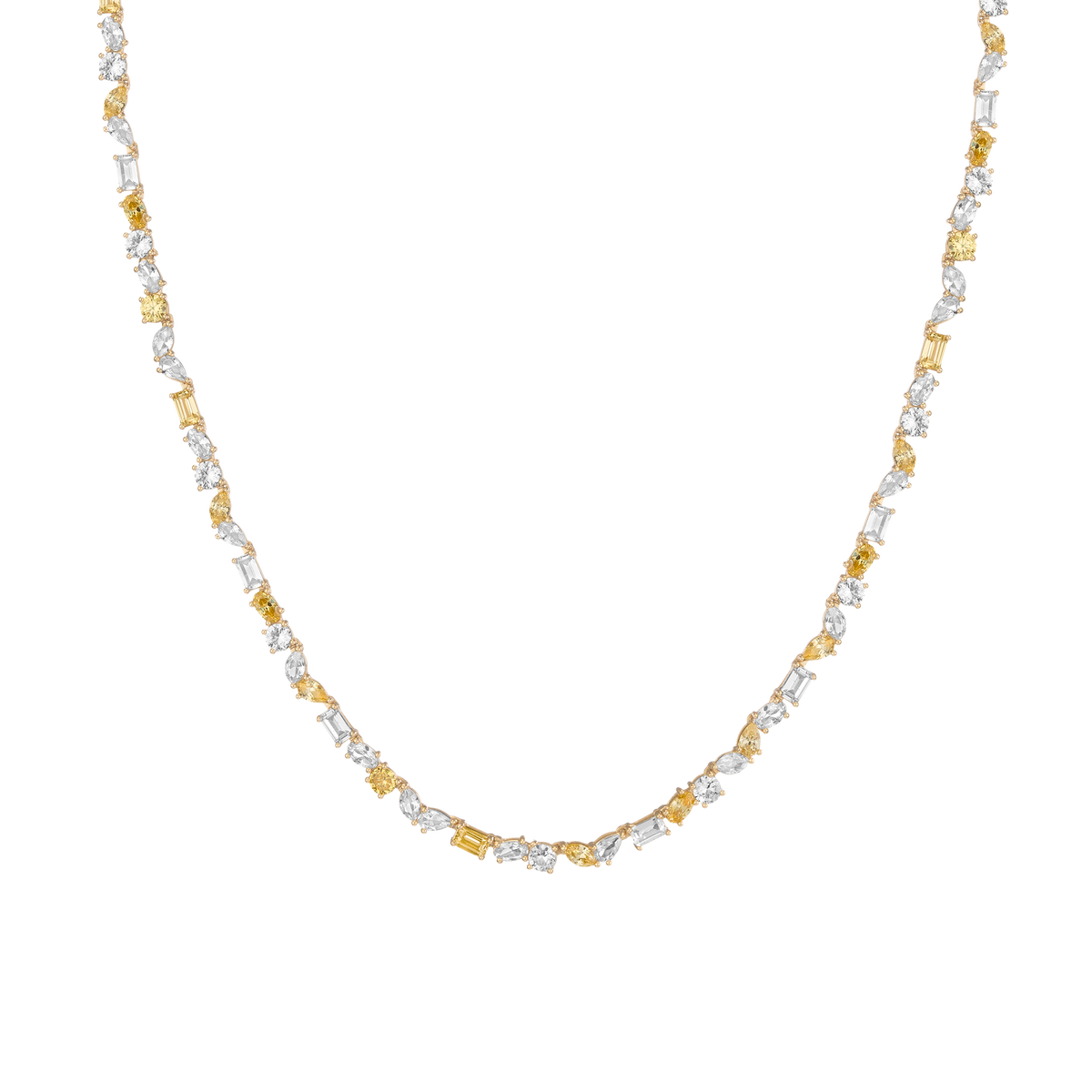 Lab Grown White Sapphire and Canary Mixed Shape Tennis Necklace Vermeil Yellow Gold 16in First