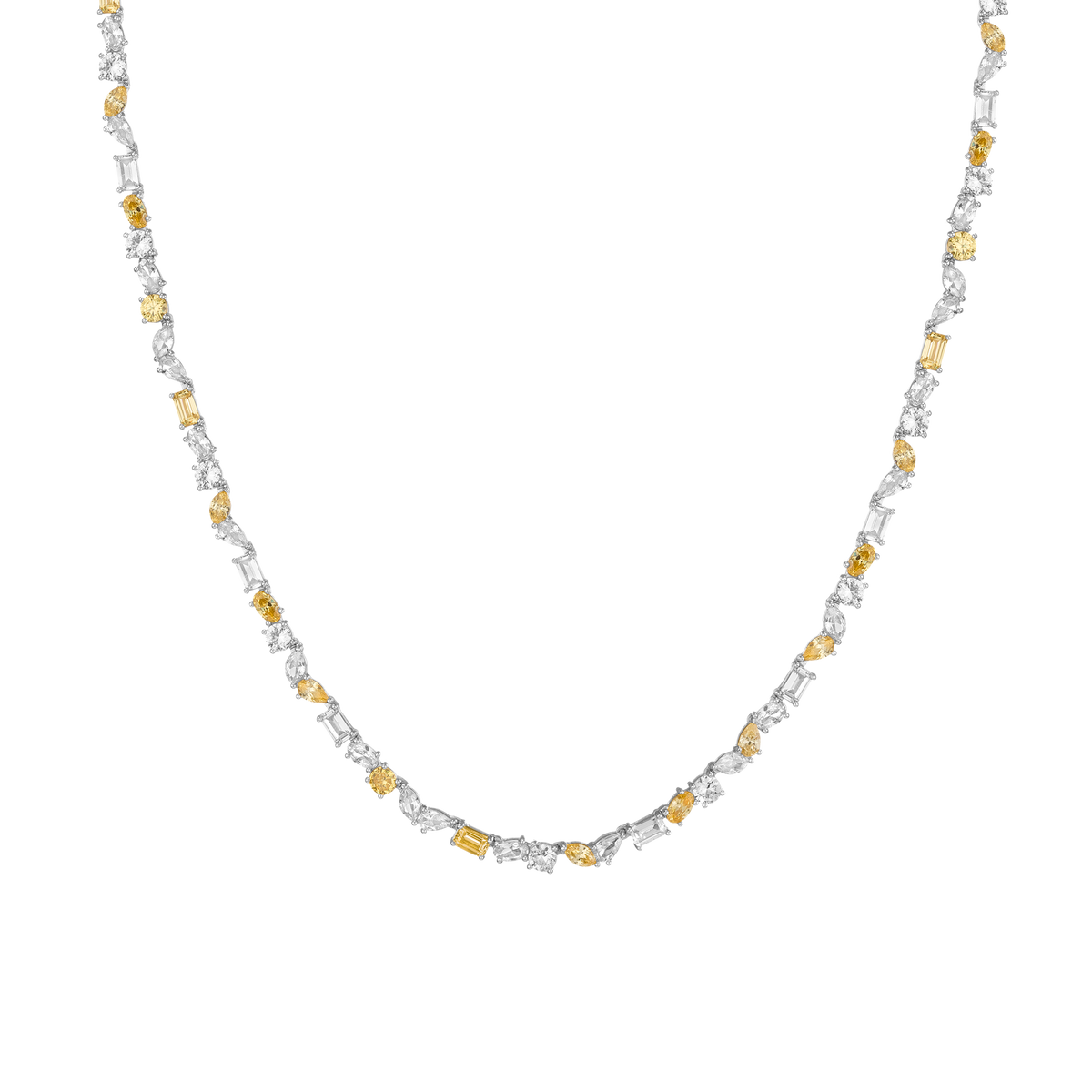 Lab Grown White Sapphire and Canary Mixed Shape Tennis Necklace Vermeil White Gold 16in First