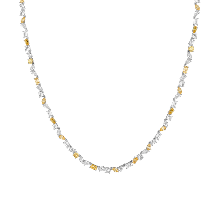 Lab Grown White Sapphire and Canary Mixed Shape Tennis Necklace Vermeil White Gold 16in First