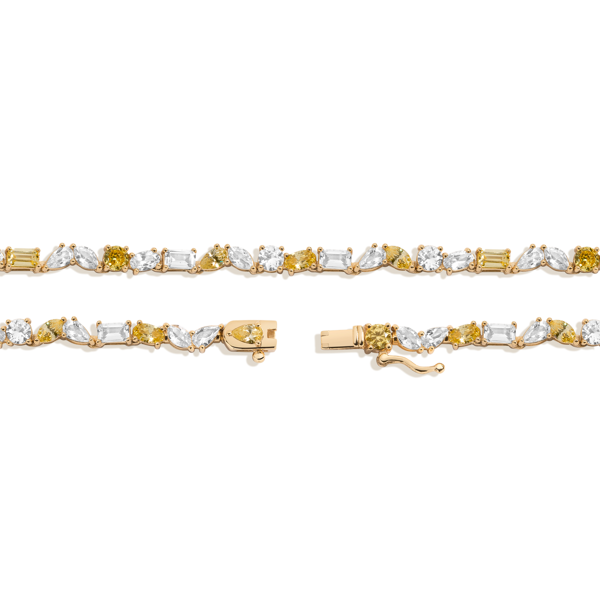 Lab Grown White Sapphire and Canary Mixed Shape Tennis Necklace Vermeil Yellow Gold 16in 