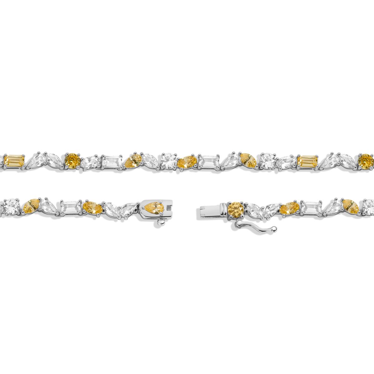 Lab Grown White Sapphire and Canary Mixed Shape Tennis Necklace Vermeil White Gold 16in