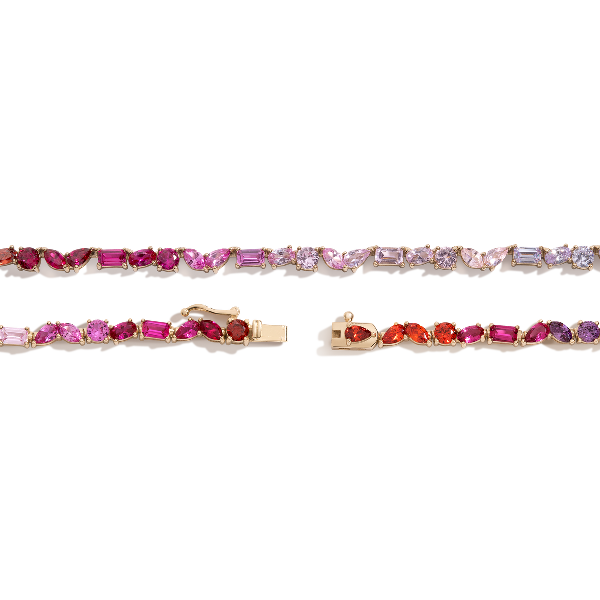Pink Ombré Mixed Shape Tennis Necklace Vermeil Yellow Gold 16in
