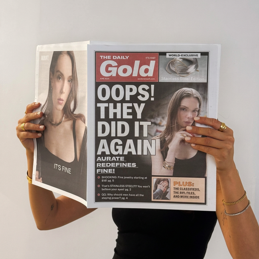 Model. Woman holding a tabloid over her face on a neutral background.