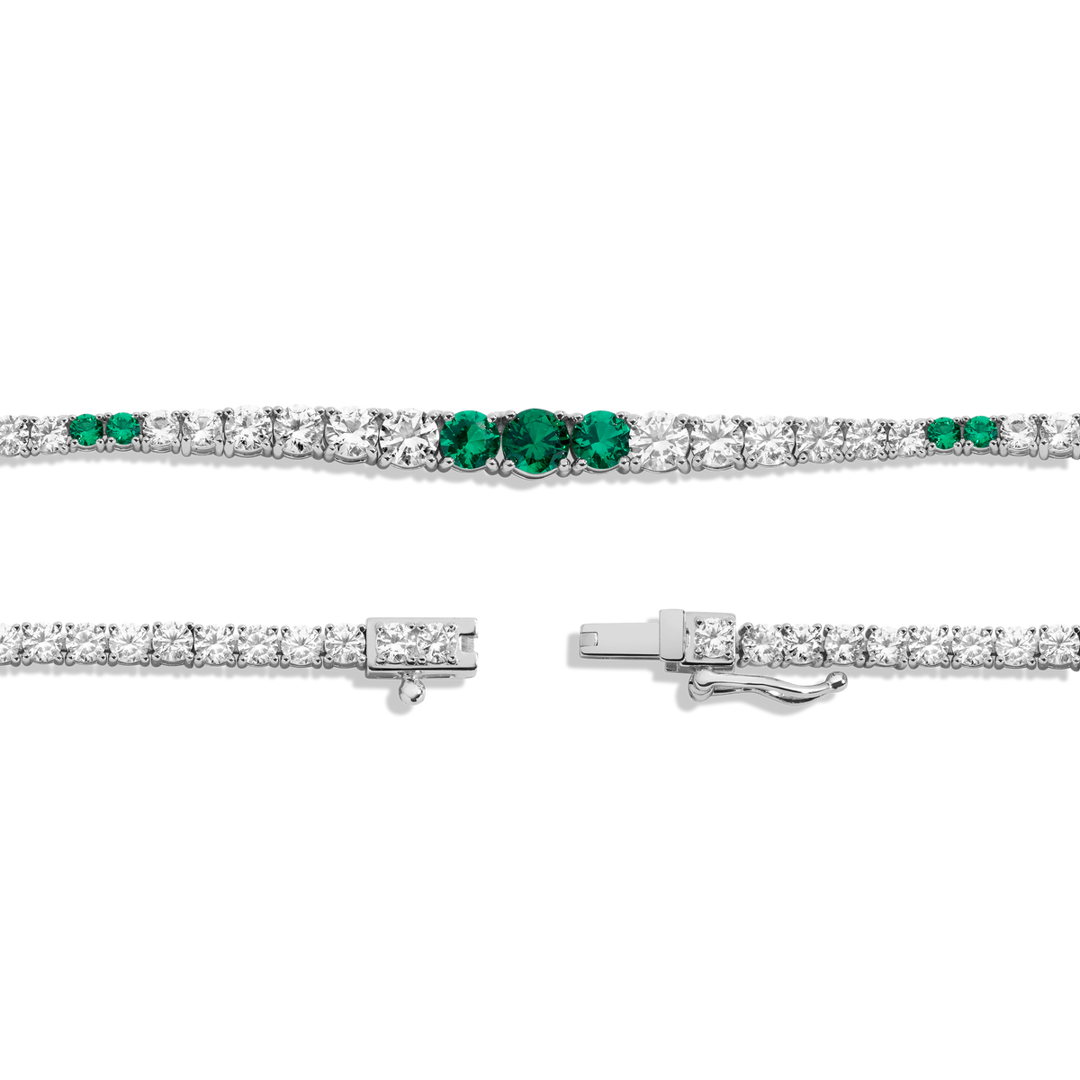 Lab Grown Emerald and White Sapphire Scalloped Tennis Necklace Vermeil White Gold 16in