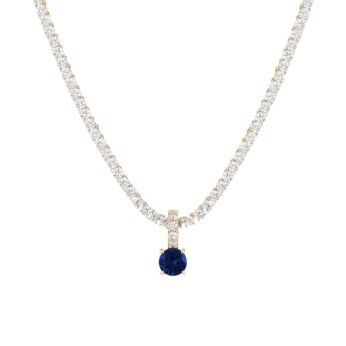 Round Cut Tennis Charm Pendant Vermeil Yellow Gold Lab Grown Blue Sapphire