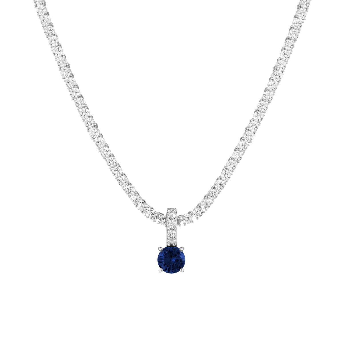 Round Cut Tennis Charm Pendant Vermeil White Gold Lab Grown Blue Sapphire