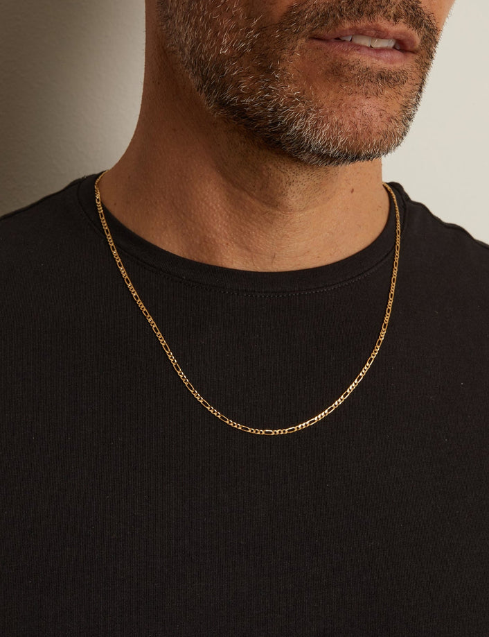 Close up of man wearing gold chain necklace over a black t shirt