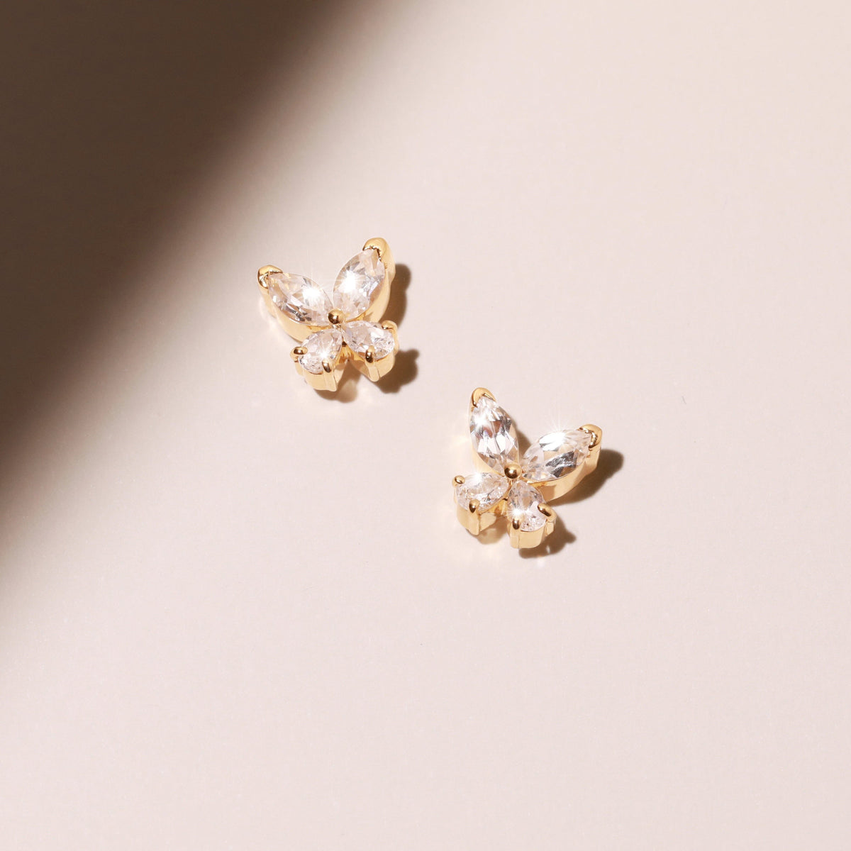 Flatlay Model Butterfly shaped earrings on a blank background 