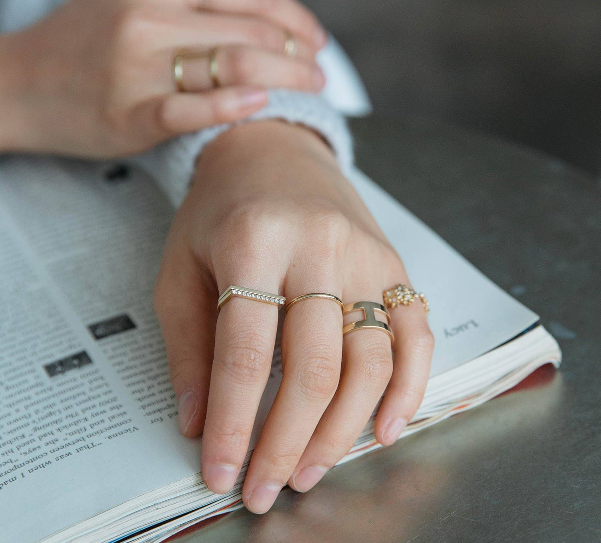 Diamond Bar Square Ring with White Diamonds Lifestyle Model
