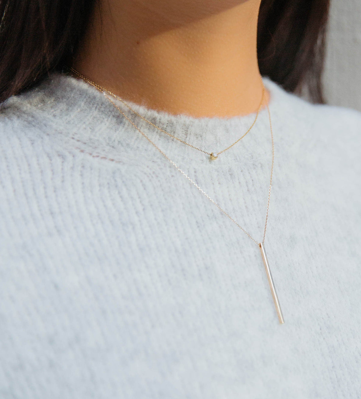 Long Gold Bar Drop Necklace Lifestyle Model