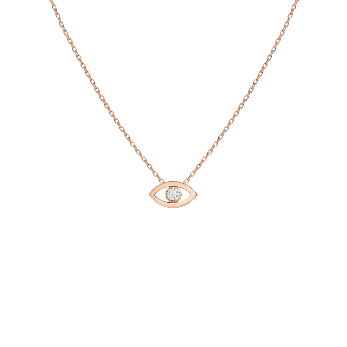 Diamond Bezel Evil Eye Necklace Rose Gold Vermeil 14K Rose Gold 18K Rose Gold White Diamonds First
