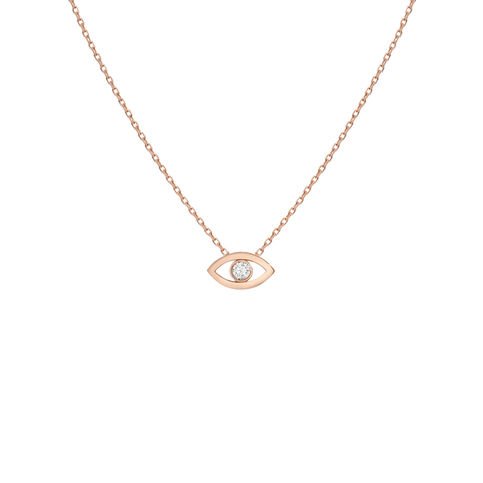 Diamond Bezel Evil Eye Necklace Rose Gold Vermeil 14K Rose Gold 18K Rose Gold White Diamonds First