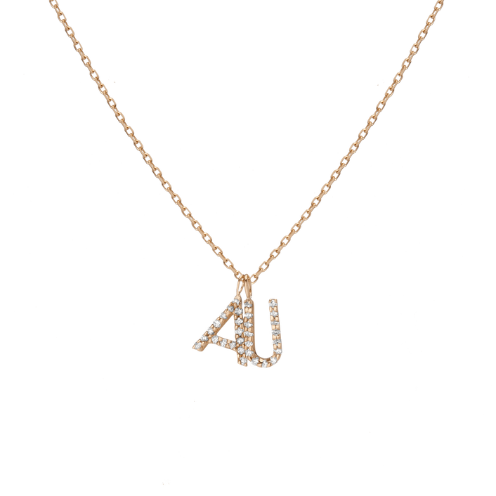 Double White Diamonds Mini Letter Charm Pendant 14K 18K Yellow Gold -A- -B- -C- -D- -E- -F- -G- -H- -I- -J- -K- -L- -M- -N- -O- -P- -Q- -R- -S- -T- -U- -V- -W- -X- -Y- -Z- First