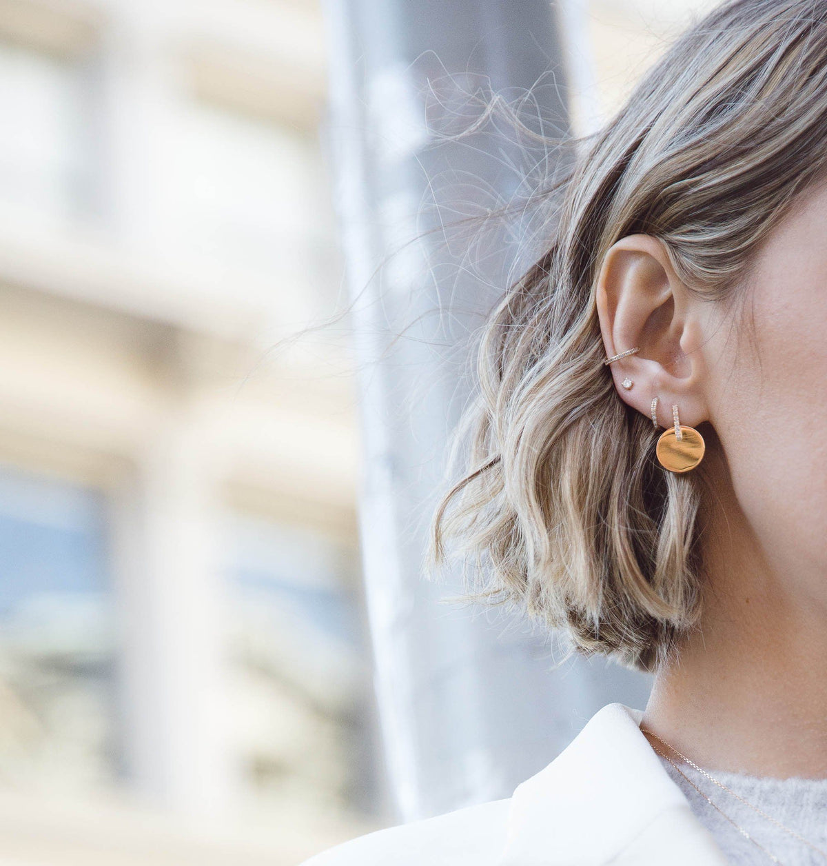 Huggie Earrings with White Diamonds On Model Lifestyle
