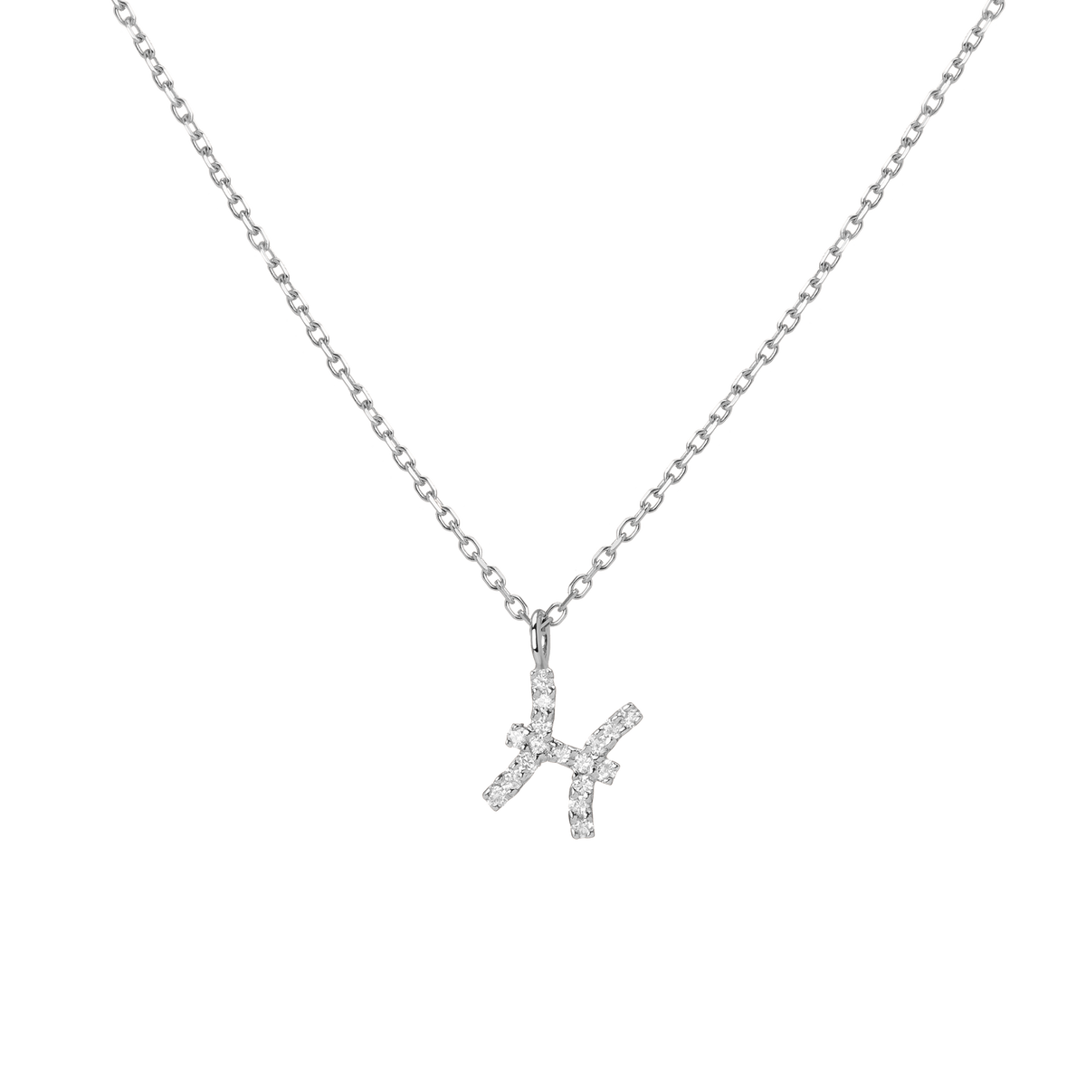 Pave Diamond Zodiac Necklace Pisces 14K 18K White Gold Front First