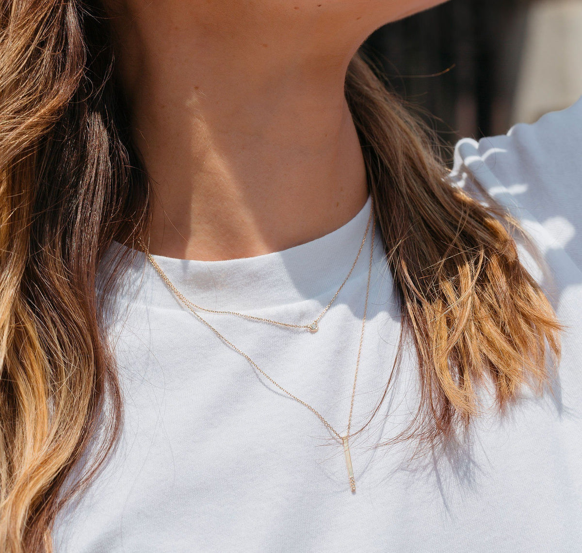 Short Gold Bar Drop Necklace with Diamonds Lifestyle Model