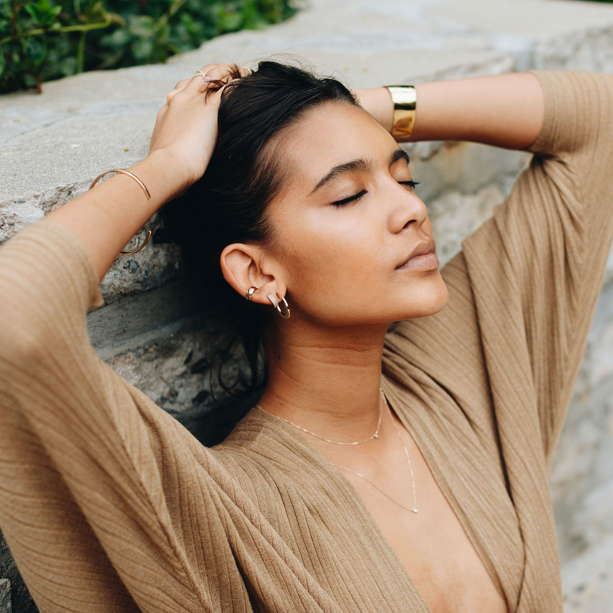 Wide Huggie Earrings with White Diamonds On Model Lifestyle