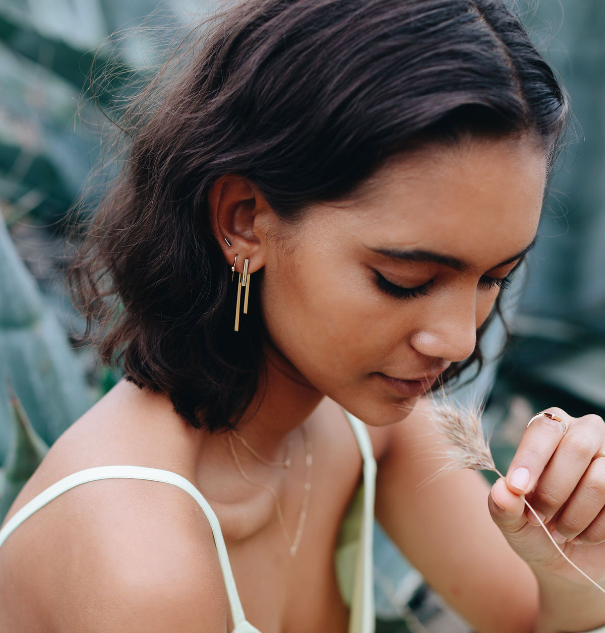 Mini Gold Bar Earring On Model Lifestyle