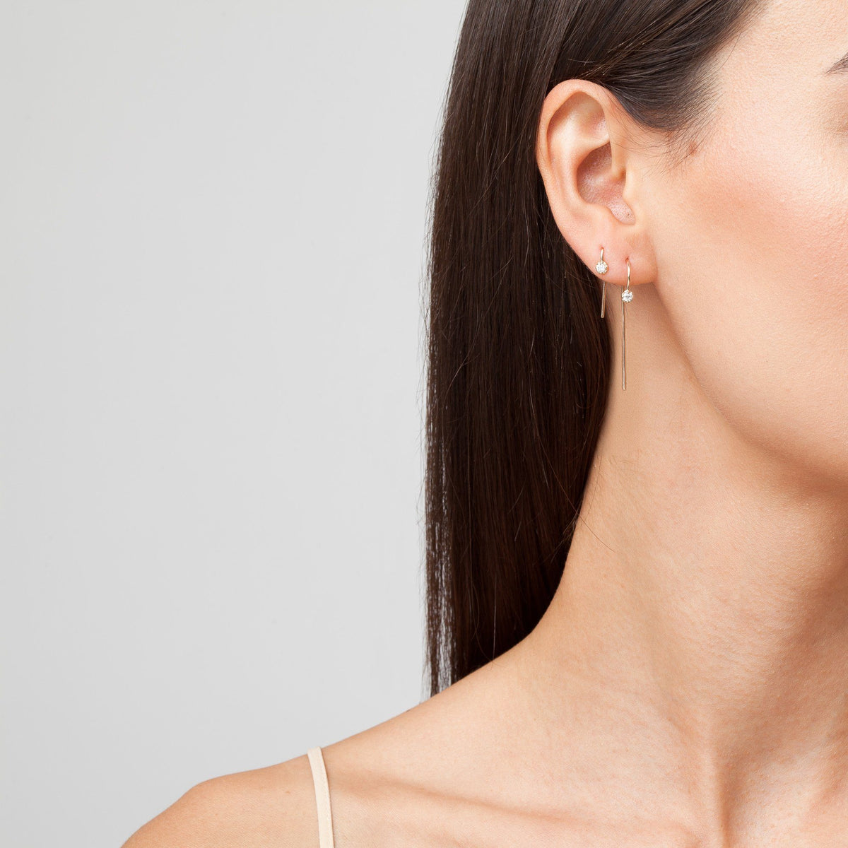 Long and Short Midi Diamond Hook Earrings On Model