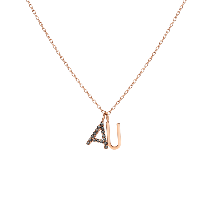Double Mini Letter Charm Pendant with Black Diamonds 14K 18K Rose Gold -A- -B- -C- -D- -E- -F- -G- -H- -I- -J- -K- -L- -M- -N- -O- -P- -Q- -R- -S- -T- -U- -V- -W- -X- -Y- -Z- First