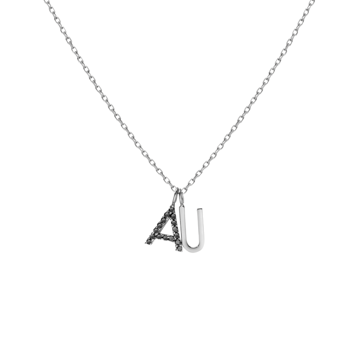 Double Mini Letter Charm Pendant with Black Diamonds 14K 18K White Gold -A- -B- -C- -D- -E- -F- -G- -H- -I- -J- -K- -L- -M- -N- -O- -P- -Q- -R- -S- -T- -U- -V- -W- -X- -Y- -Z- First