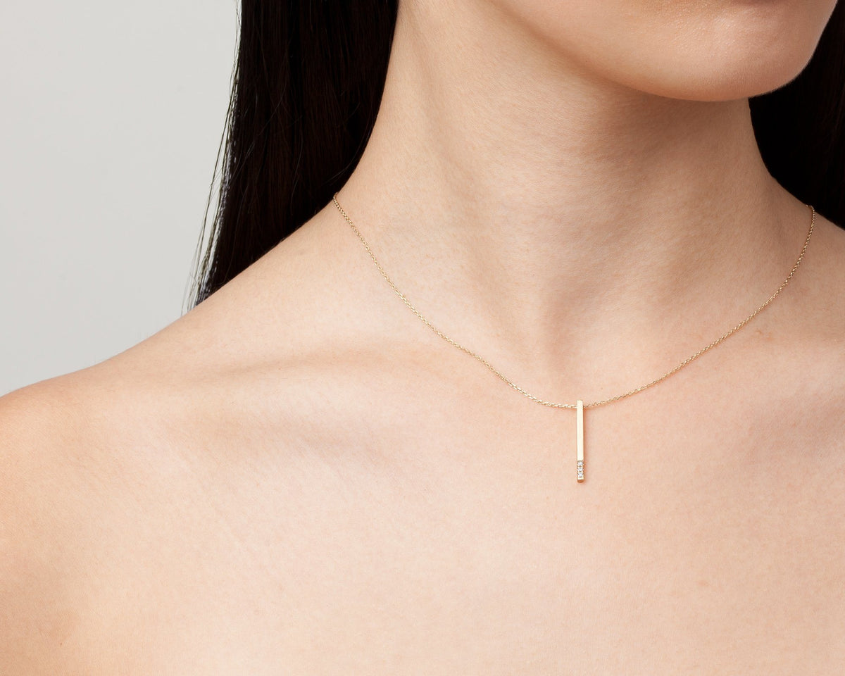 Diamond Short Gold Bar Drop Necklace On Model