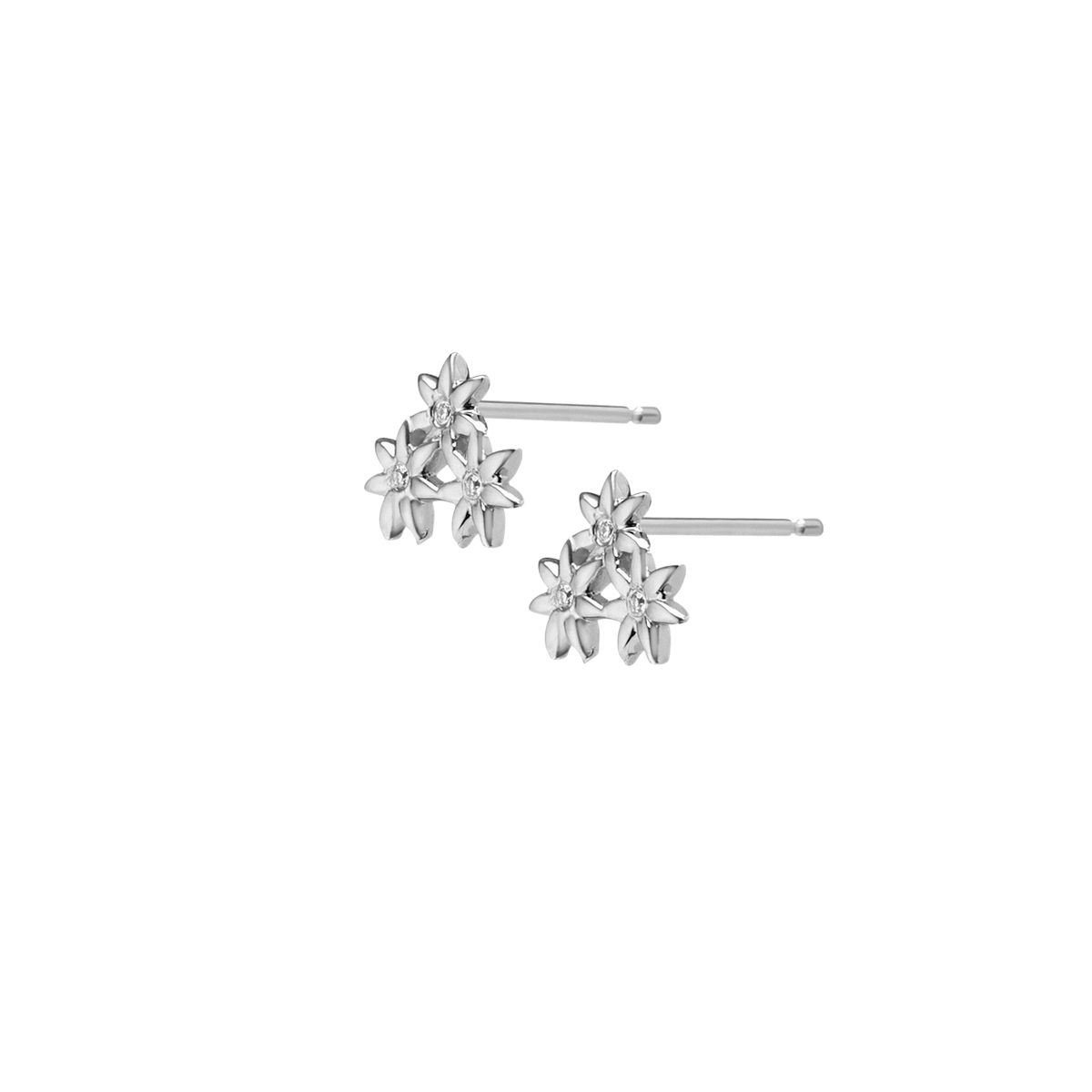 Flower Earring Stud  Sterling Silver White Gold Vermeil 14k White Gold 18k White Gold White Diamonds Half Side   Pair | Single |