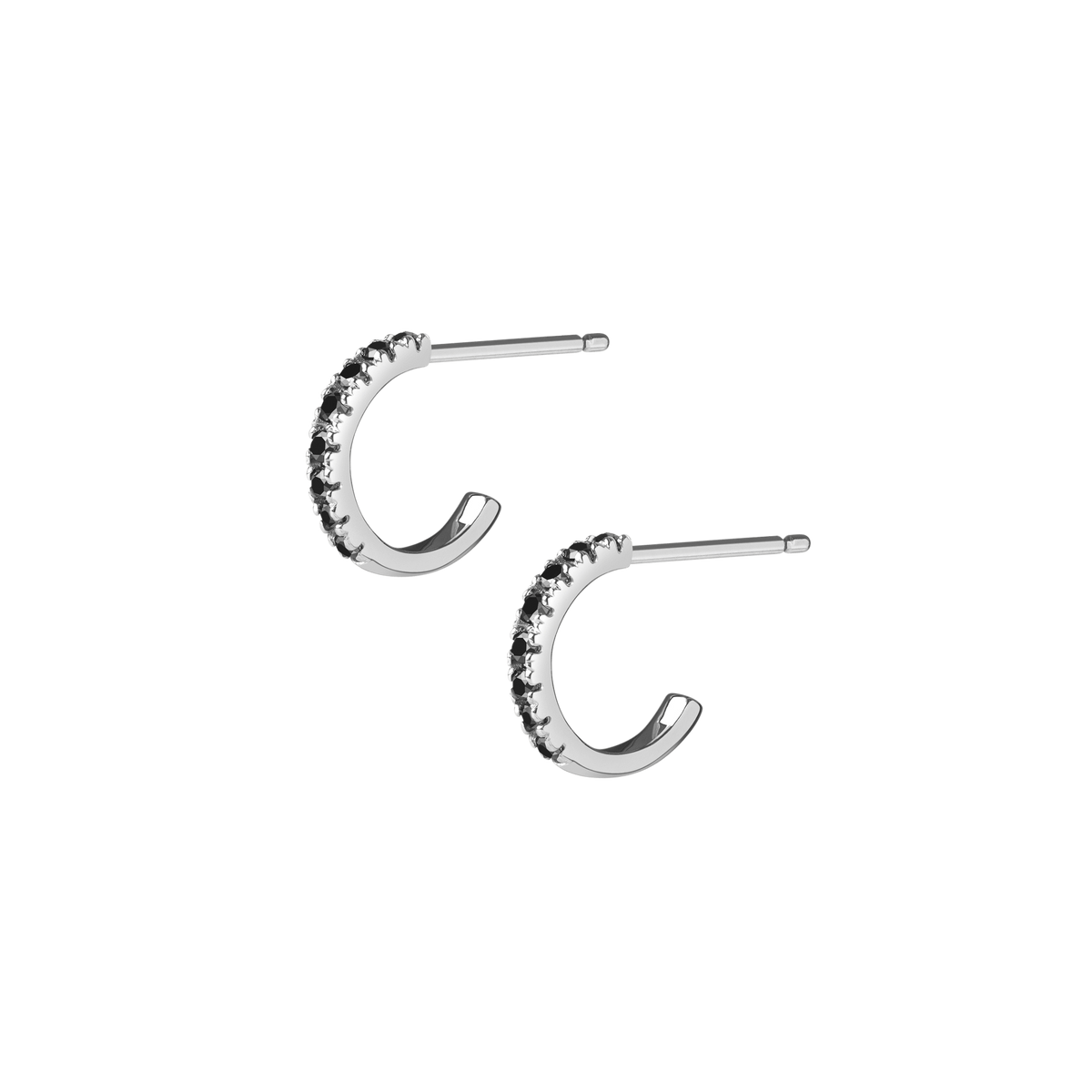 Huggie Earrings  Sterling Silver White Gold Vermeil 14k White Gold 18k White Gold Black Diamonds Half Side   Front First Pair | Single |