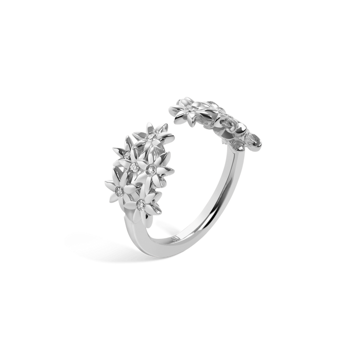 Flower Ring Open with Diamonds Sterling Silver White Gold Vermeil 14k White Gold 18k White Gold White Diamonds Half Side    Front First